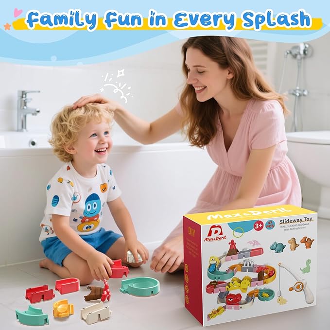 Dinosaur Bath Toys with Track & Fishing Rod – 47PCS Wall Suction Slide Playset for Toddlers, DIY Water Race Track with 6 Dino Toys, Bathtub Fun Gift for Kids Boys Girls Age 3+