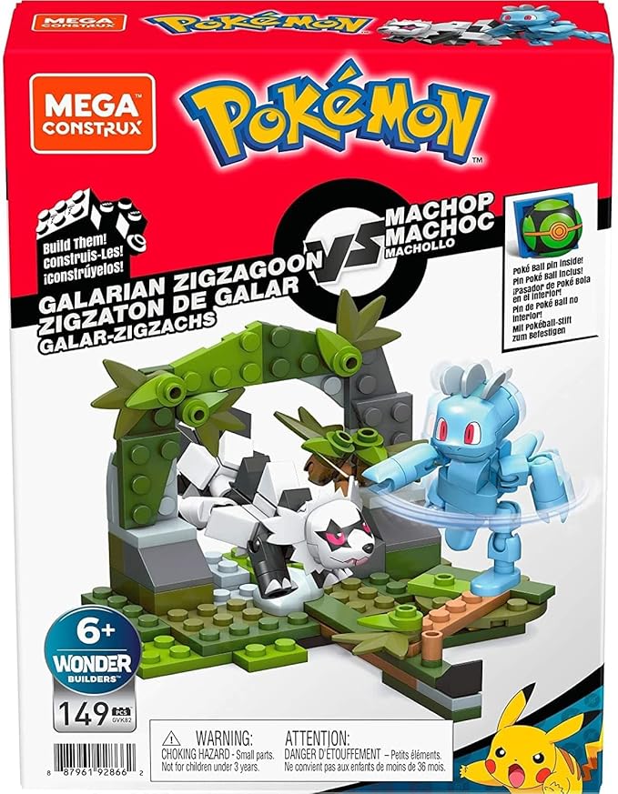 Mega Construx Pokemon Machop Vs. Galarian Zigzagoon Construction Set, Building Toys for Kids (GVK82), Red