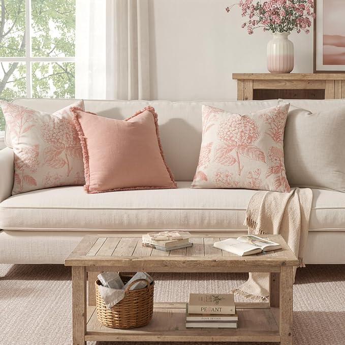 Set of 2 Decorative Floral Pillow Covers 18x18 Inch Light Pink | Neutral Hydrangea Print, Boho Vintage Throw Cushion Covers, Cottagecore Home Decor, for Sofa Couch Porch Bedroom Living Room