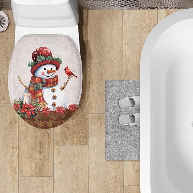 Christmas Toilet Seat Lid Cover Elongated Christmas Decorations Indoor Poinsettia Toilet Seat Cushion Cover with Elastic Band Replacement for Bathroom Decor Machine Washable