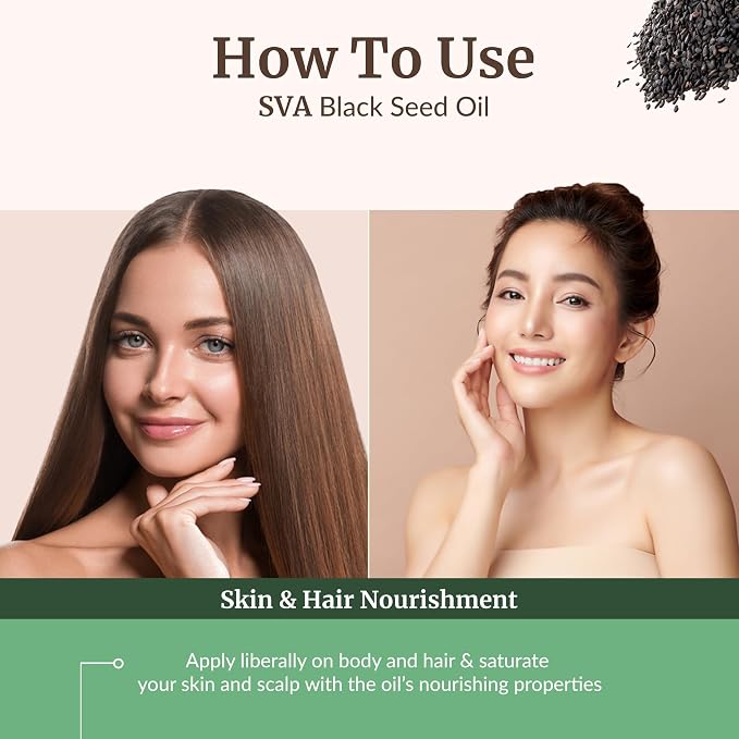 SVA Black Seed Oil Organic - 32 Fl Oz – 100% Natural Cold Pressed Organic Black Seed Oil - for Face, Skin Care, Hair Care, Scalp Massage & Body Massage – Carrier Oil