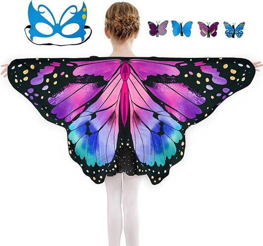 Kids Butterfly Wings Costume Girls Fairy-Wings Toddler Dress Up Play Costumes Butterfly Hair Clip Mask Party Favors (Purple Green Sets)