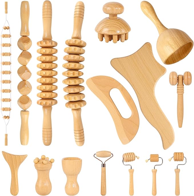 16Pcs Wood Therapy Massage Tools Set for Body Sculpting | Wooden Rollers, Gua Sha & Facial Rollers for Lymphatic Drainage, Home Spa Routines, Face, Neck, Waist, Abdomen, Hips and Legs