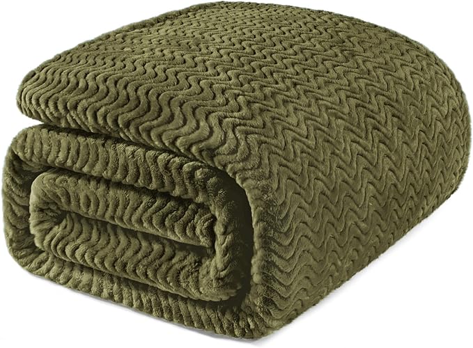 Exclusivo Mezcla Soft Fleece Blanket Twin Size for Bed, Sofa, Olive Green | 90"x66" Breathable Lightweight Flannel Blanket for Summer, Plush Cozy Jacquard Wave for Home Decor