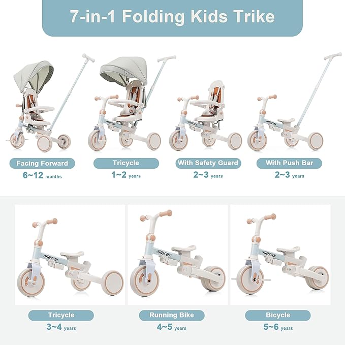 Toddler Trike Collapsible Frame Kid Rider Tricycle 7-in-1 Removable Pedal Ages 1Y-6Y