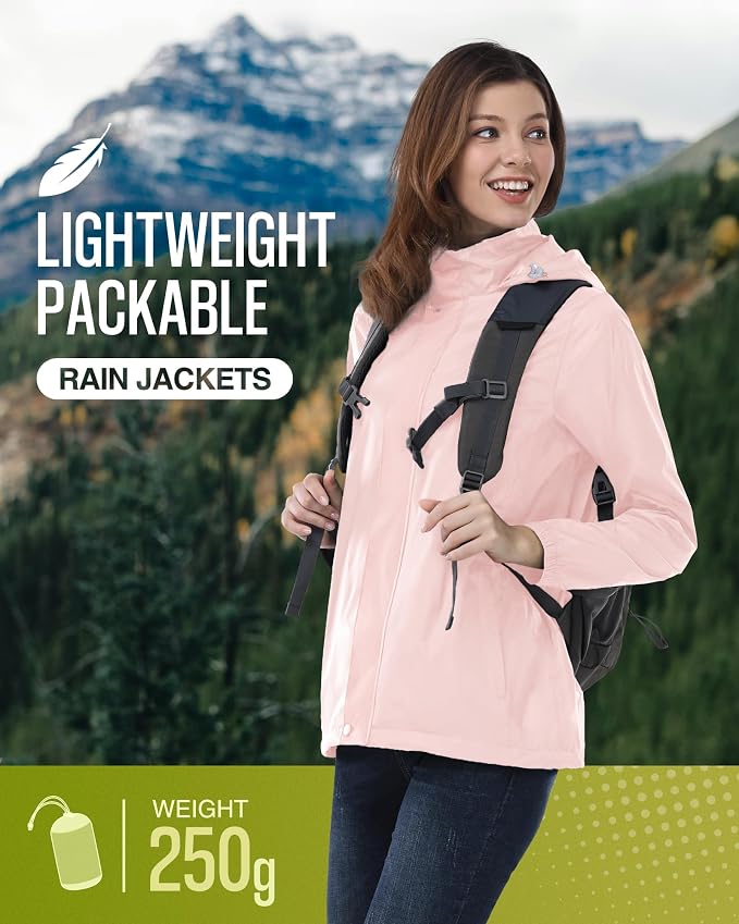 33,000ft Women's Rain Jacket Waterproof Lightweight Packable Raincoat with Hood for Golf Hiking Travel Windbreaker