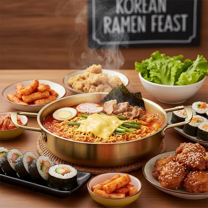 Okllen Set of 3 Korean Ramen Noodle Pot with Handles, Stainless Steel Everyday Pan, Golden Korean Cooking Pot for Soup, Noodle, Pasta, Home and Outdoor, Dishwasher Safe, Size 7", 8.7", 9.5"