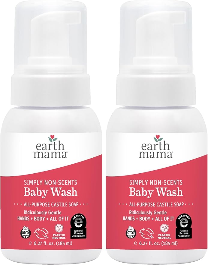 Earth Mama Simply Non-Scents Baby Wash Foaming Hand Soap Refill, Organic All-Purpose Body Wash for Sensitive Skin, Castile Soap with Coconut Oil, Shea Butter, Calendula, & Aloe, 5.3floz 2-Pk