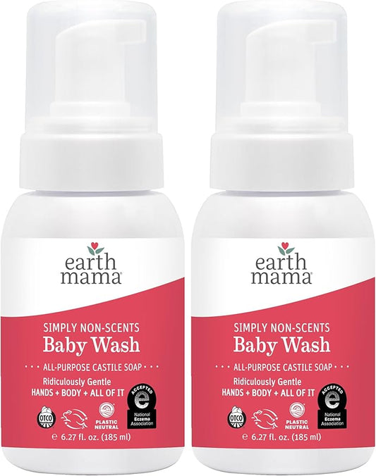 Earth Mama Simply Non-Scents Baby Wash Foaming Hand Soap Refill, Organic All-Purpose Body Wash for Sensitive Skin, Castile Soap with Coconut Oil, Shea Butter, Calendula, & Aloe, 5.3floz 2-Pk