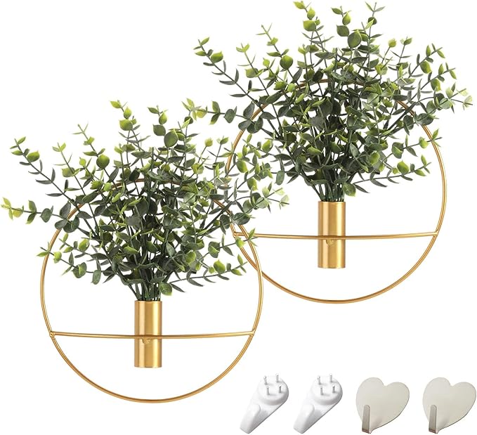 Pretty Jolly Boho Eucalyptus Wall Decor Gold Metal Wall-Mounted Art | Morden Artificial Greenery Display，2 Pack Eucalyptus Hanging Planter For Living Room, Bedroom, Bathroom, Dining room