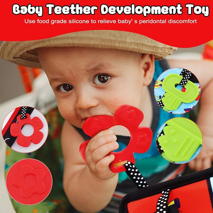 Tummy Time Floor Mirror with Teethers, Double-Sided Baby Mirror Black and White High Contrast Baby Toys for Babies, Baby Montessori Toys Crawling Developmental Newborn Infant Sensory Toys