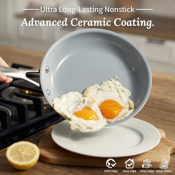 Nonstick Ceramic Frying Pans 8" 9.5" 11" Ceramic Skillets Set with Stainless Steel Handle Omelet Pans Healthy Cooking Chef Pans, PFOA Free, Navy Blue