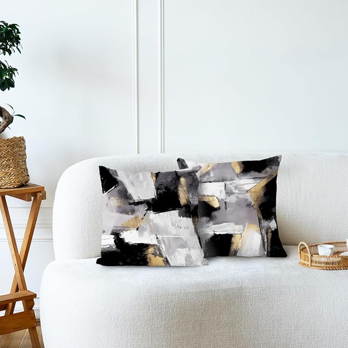 Abstract Black & White & Gold Pillow Covers - 24x24 Set of 2, Modern for Couch & Bed Living Room