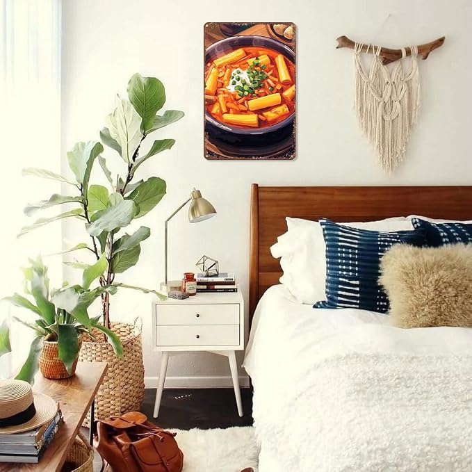 Spicy Tteokbokki Korean Rice Cake Pattern Retro Aluminum Metal Sign 12x8Inch Decorative Wall Art for Home Kitchen Restaurant Cafe Bar