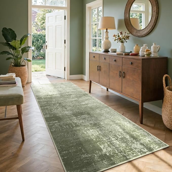 2x6 Ft Washable Runner Rug, Non-Slip Low Pile Hallway Kitchen Area Rug, Soft Long Entryway Floor Mat Abstract Pattern Carpet for Bedside & High-Traffic Areas (Green)
