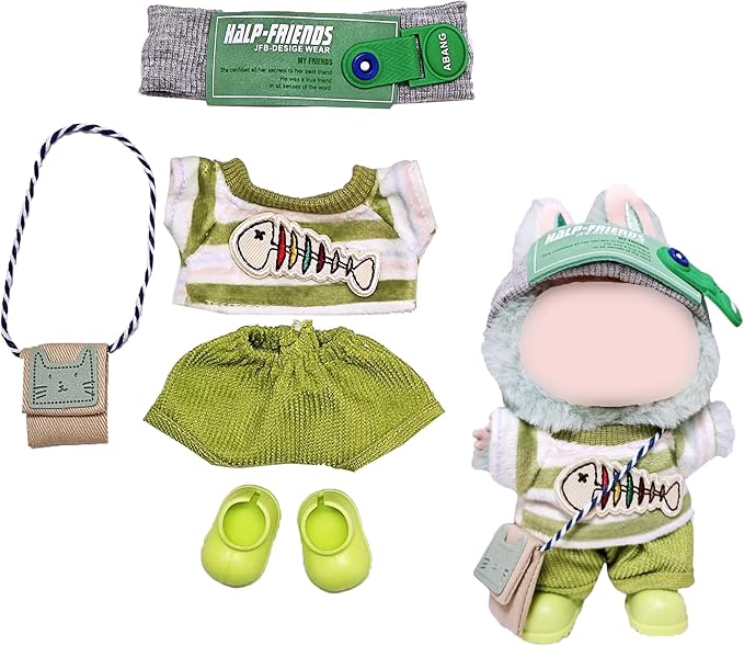 Green Doll Clothes 5 Set for 17cm Dolls-Exquisite Accessories for Doll, Cute Clothes for Dolls Dress up Unique Style,Sweater+Hat+Pants+Shoes+Bag Clothes Set