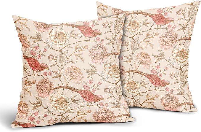 Pink White Roses Floral Pillow Covers 16X16 Inch Set of 2 Retro Flowers Birds Leaves Decorative Pillow Cases Art Vintage Cotton Linen Cushion Case Retro Home Decor for Sofa Couch Porch Outdoor