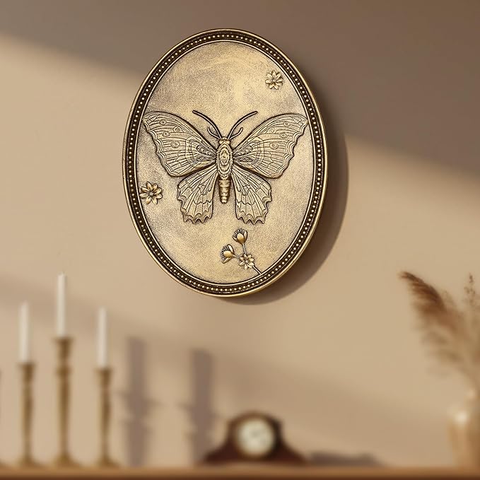 Vintage Butterfly Wall Sculpture, Antique Wall Decor, Gold Wall Art, Hanging Decoration with Embossed Butterfly Design, Vintage Decoration for Living Room Bedroom and Hallway, Housewarming Gift
