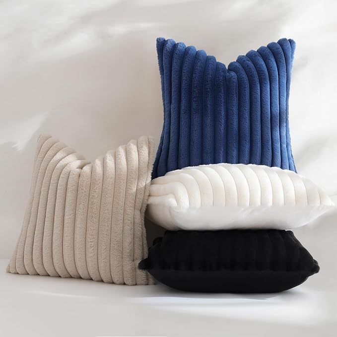 decorUhome Fall Faux Fur Throw Pillow Covers 12x20 Set of 2 Navy Blue | Decorative Soft Cozy Striped Plush Modern Farmhouse Boho Couch Pillow Cases Velvet Back for Sofa Bed Living Room Home Decor