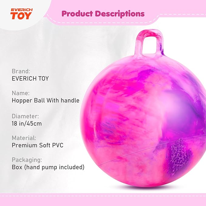 EVERICH TOY Hopper Ball for Kids, 18In Hoppity Hop Ball, Purple Pink Clouds Ride On Bouncy Balls with Handle for Kids, Indoor Outdoor Jumping Hopping Toys for Boys & Girls Gifts with Pump