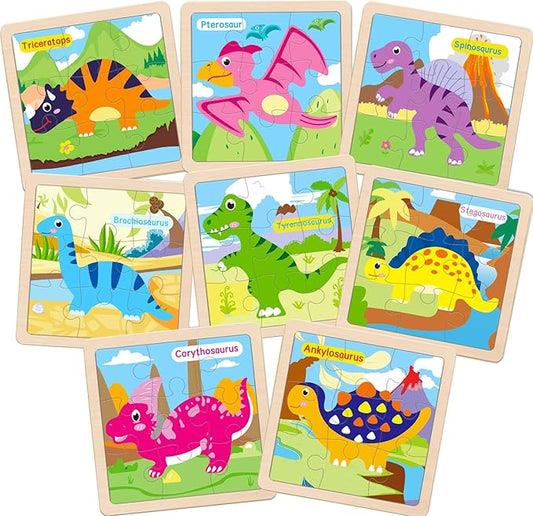 Wooden Puzzles for Toddlers, 9 Pieces Dinosaur Jigsaw Puzzles for Kids Ages 3-5 4-6, Preschool Learning Activities, Learning & Educational Toys, Gifts for Boys, Girls Ages (8 Pack)