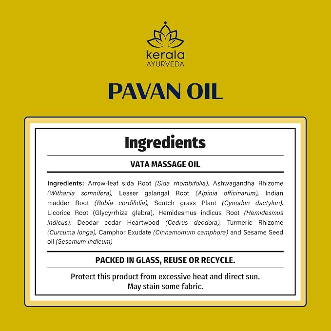 Kerala Ayurveda Everyday Herbal Massage Oil | Nourishes Dry Skin | Ashwagandha Rich Oil | Promotes Sleep & Relaxation | Ideal for Balancing Vata Dosha | Pavan Oil - 6.8 Fl Oz