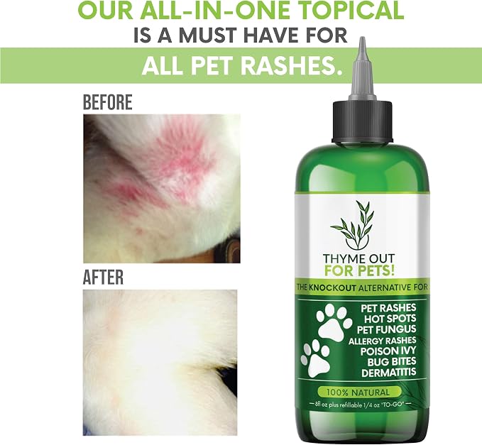 Thyme Out for Pets (8oz) - Natural Dog and Cat Itch Relief & Skin Treatment for Itchy Paws and Ringworm - Yeast Infection, Dandruff and Hot Spot Spray for Dogs - All Natural, Organic Blend