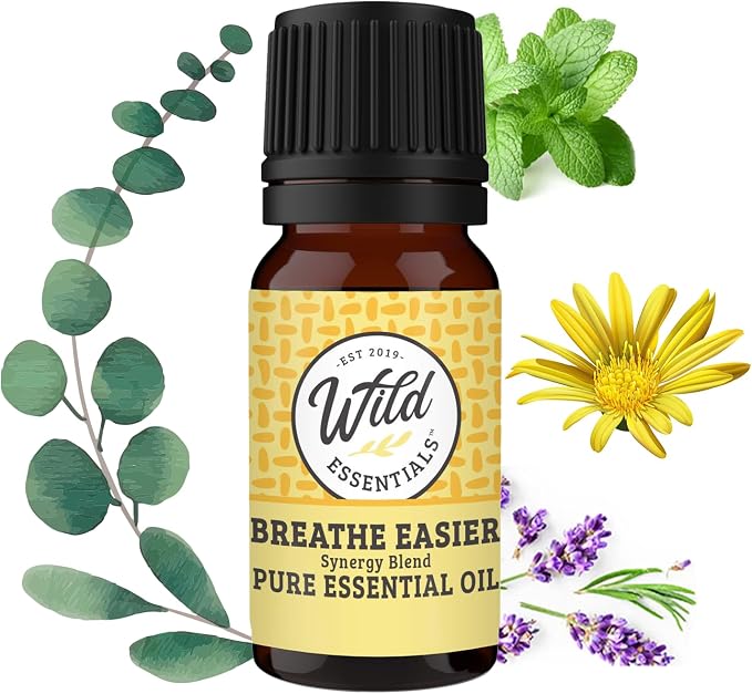 Wild Essentials Breathe Easier 100% Pure Essential Oil Synergy Blend - 10ml, Cool and clearing for Congestion, Sinus, Allergies, stuffy Nose, Cold and flu Symptoms, Made and Bottled in USA