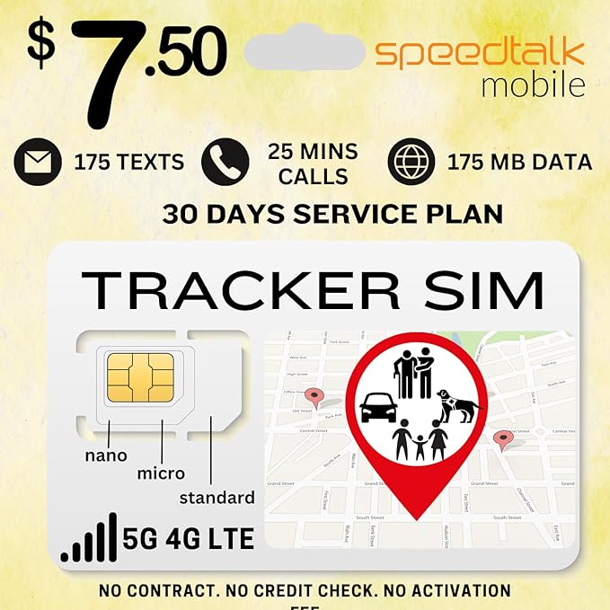 SpeedTalk Mobile GSM SIM Card for 5G 4G GPS Trackers - Pet Kid Senior Vehicle Tracking Devices - 30 Day Service| USA Coverage Canada & Mexico Roaming