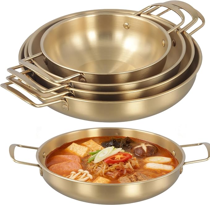 JOIKIT 4 Pack Korean Ramen Pot with Handles, Stainless Steel Ramen Cooking Pan, Golden Soup Pot for Noodles, Pasta, Home and Outdoor Use, Dishwasher Safe (7.2in,9.1in, 9.9in, 10.7in)