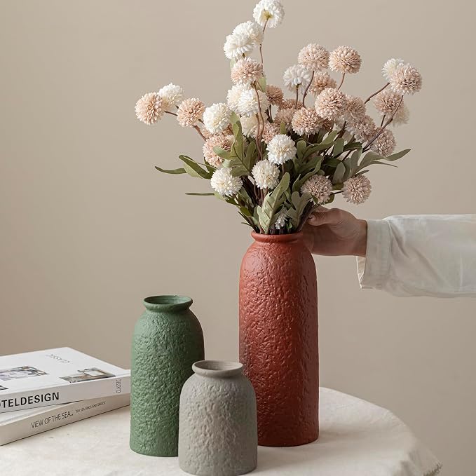 Large Decorative Ceramic Vase Set, 3 Pieces, Nordic Modern Boho Style, Earthtone Color Mix, Modern Farmhouse for Home Decor (XL Red Texture Mix)
