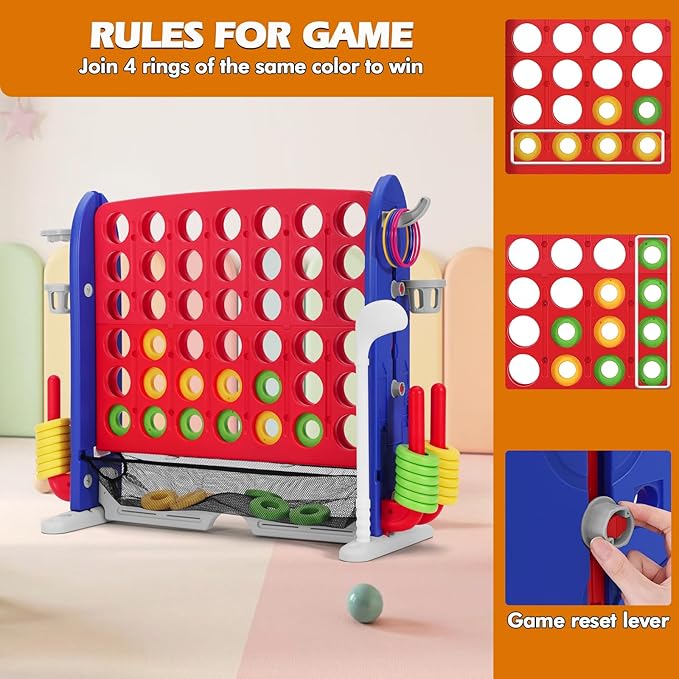 JOYLDIAS Jumbo 4-to-Score Giant Game Set, 4 in a Row Game with Ring Toss, Golf & More, 3.5FT Tall Indoor/Outdoor Connect Game with 42 Jumbo Rings & Quick-Release Slider, Holiday, Party & Family Games