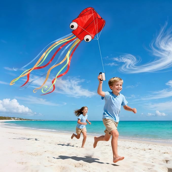 4 Pack Kites - Large Fire Dragon Kite Green Snake Devil Fish Red Mollusc Octopus with Long Colorful Tail for Kids Adults Beach Toy Gifts Outdoor Game Activities
