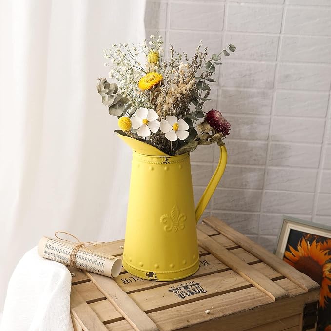 French Style Shabby Chic Vase Metal Flower Vase Vintage Jug Rustic Farmhouse Decor for Home, Yellow
