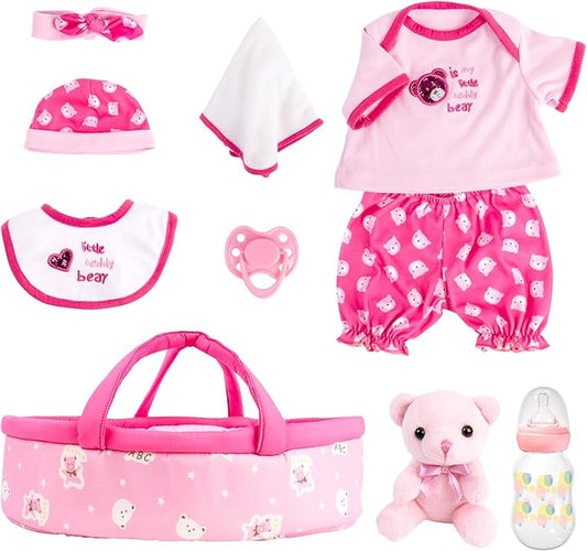 Aori 10 Pcs Reborn Baby Dolls Clothes Set with Pink Bassinet for 16-18 Inch Reborn Doll, Carrier Bed and Doll Clothes Outfit Accessories fit Newborn Baby Girl