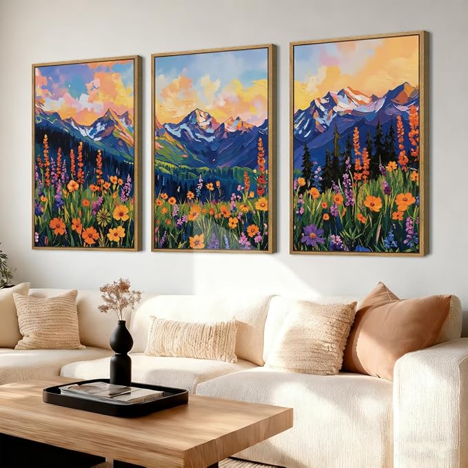 ANHUIB Colorful Wildflower Wall Art Boho Mountain Wall Decor Nature Floral Art Print 16x24 Inch Set of 3 for Living Room Bedroom Dining Room