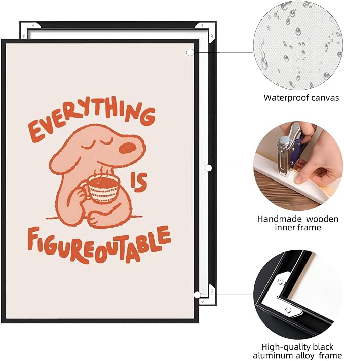 Everything Is Figureoutable Motivational Poster Cute Dog Positive Quote Inspirational Wall Art Funny Cartoon Mental Health Coffee Canvas Print for Kids Room Home Decor 24x36inch Black Aluminum Frame