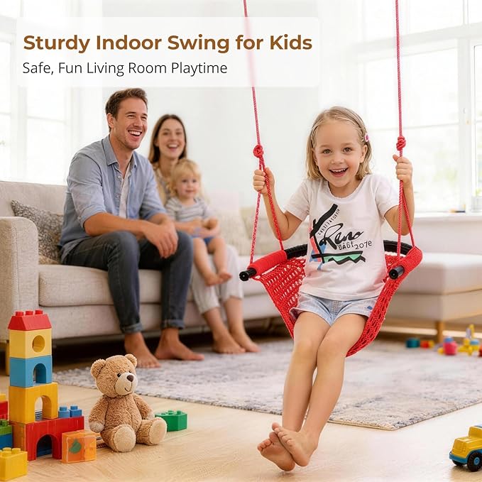Swing Seat for Kids Heavy Duty Rope Play Secure Children Swing Set,Perfect for Indoor,Outdoor,Playground,Home,Tree,with Snap Hooks and Swing Straps,440 lbs Capacity,Red
