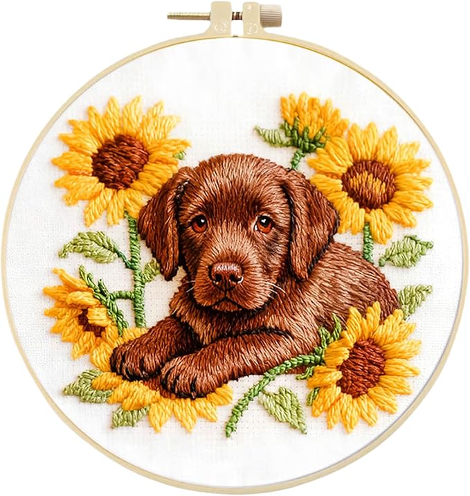 Embroidery Kit for Beginners Adults Labrador 11.4 * 11.4inch Stamped Cross Stitch Kits Needlepoint Starter Set with Embroidery Hoop, Color Threads, Needles and Instructions, Stitches Kit
