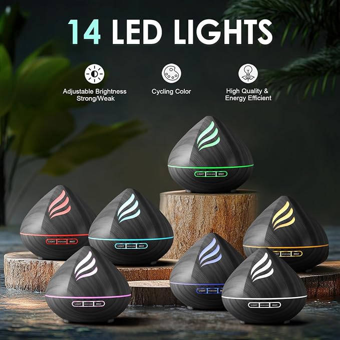 Essential Oil Scent Diffuser: 500ML Aroma Diffuser for Home Bedroom - 14 Colors LED, Remote Control, Ultra-Quiet Cool Mist Scent Diffuser with Timer for Family - Black