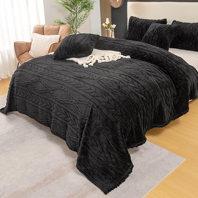 YUSOKI Sherpa Fleece Queen Size Blanket, Black, 90"x90" | 3D Stylish Design,320GSM, Non-Shedding, Lightweight for All Season Use, stays fluffy after repeated washes, Perfect Gifts
