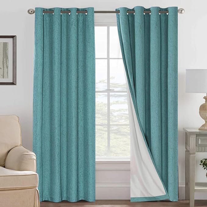 H.VERSAILTEX Linen Curtains 100% Blackout Curtains for Bedroom 90 inch Long Full Light Blocking Nature Linen Blended Window Curtains for Living Room Nickel Grommet (2 Panels, Teal)