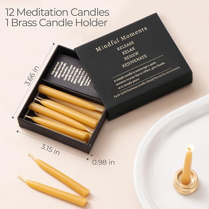 Mindful Meditation Candle Set with 12 Mini Taper Beeswax Candles with Brass Holder for Prayer & Reflection, Relaxation Gifts for Women Stress, Serenity Thinking of You Gift