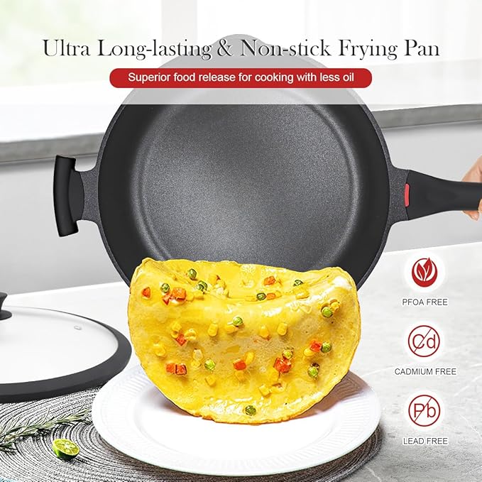 14-Inch Large Deep Frying Pan Skillet with Lid, 5-Quart Non stick Saute Pan, 2-In-1 Nonstick Sauté Pan Everyday Pan with Lid, Compatible with All Stoves, PTFE & PFAS-Free