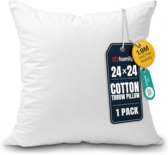 Foamily 24x24 Throw Pillow Insert, 100% Cotton Cover, Down Alternative | Cotton cover, plush down-alternative fill, machine washable Fits 24x24 covers Couch, sofa, bed, nursery décor