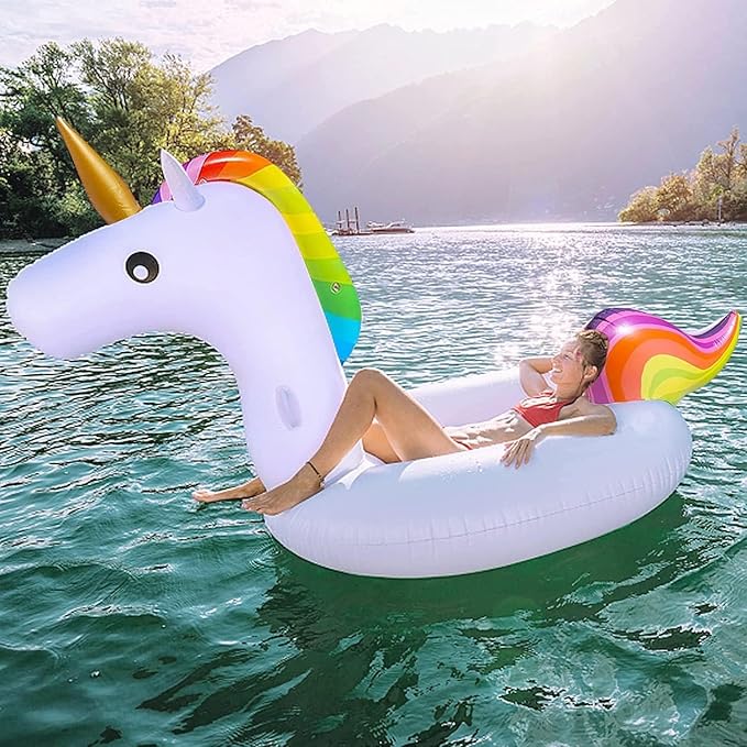 TURNMEON 102" Giant Unicorn Pool Float Inflatable Summer Beach Float Swimming Pool Party Toys Ride-on Lounge Raft Water Pool Floatie for 2-4 Multi Players Adults Lake Floats, Flamingo/Unicorn