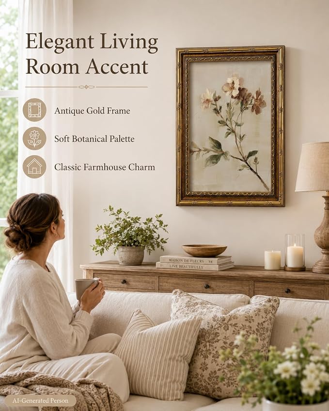 Wildflower Wall Art, Vintage Gold Framed Botanical Canvas, 16 x 24 in | Rustic farmhouse floral print for living room, bedroom, kitchen, hallway, cottagecore or country home decor.
