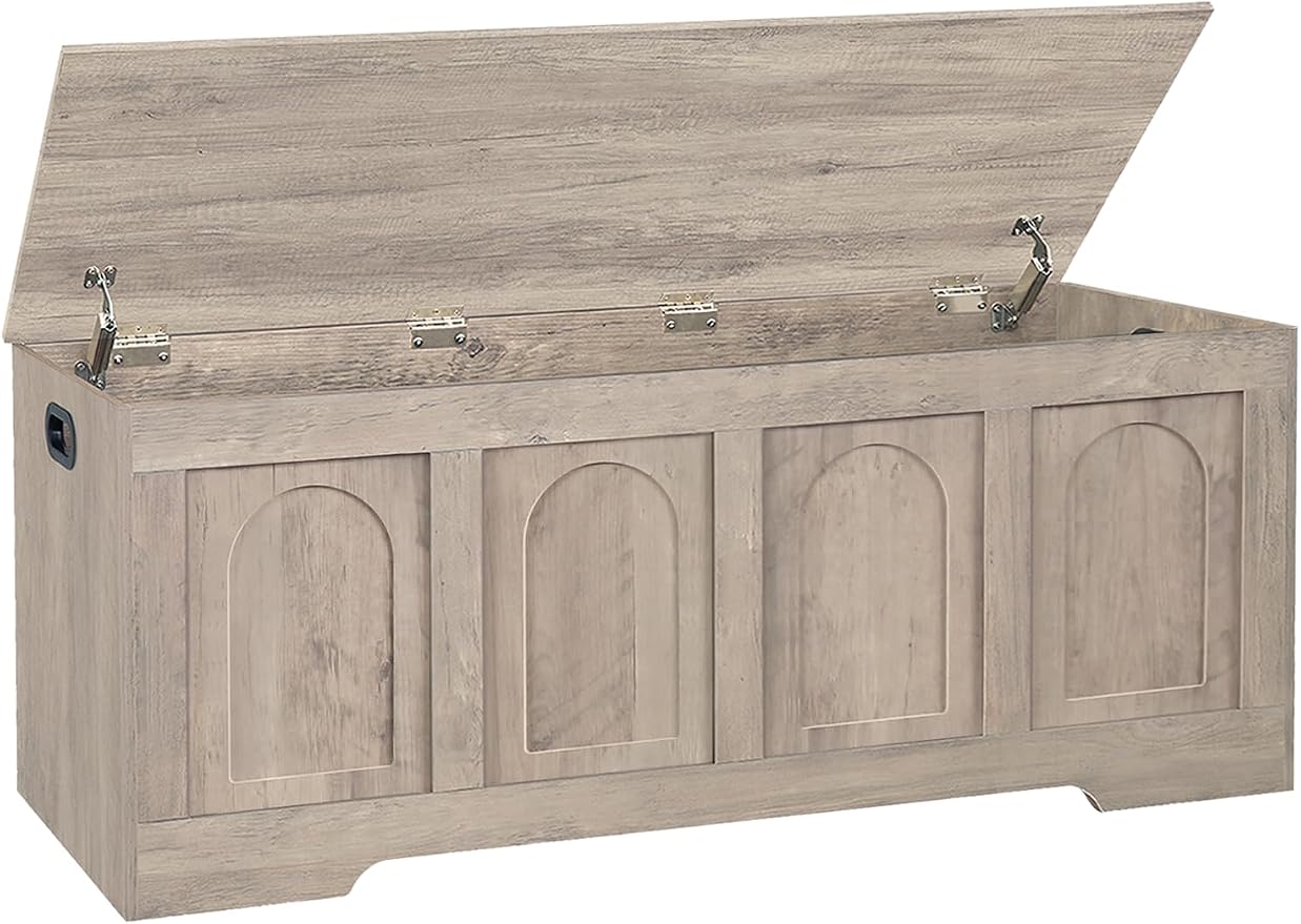 Storage Chest, Wooden Toy Box, Greige 50.0" L | Extra Large Storage Bench, 2 Soft-close Hinges, Finger-safe Flip-Top Lid, Easy Assembly, Farmhouse Trunk, Living Room/Bedroom