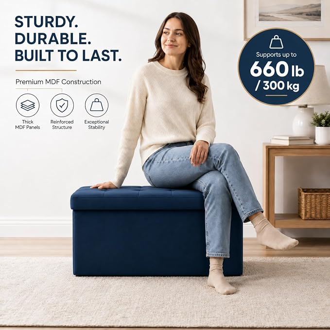 ALASDO 30 Inch Folding Storage Ottoman Bench with Hidden Storage, Velvet Storage Ottoman Foot Rest Stool, End of Bed Bench for Bedroom, Living Room, Entryway and Closet, Navy Blue