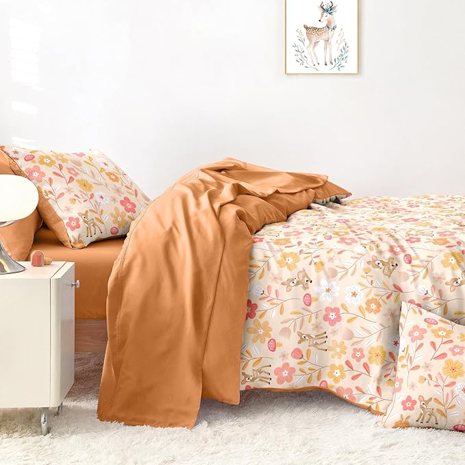 Wake In Cloud - Floral Bedding Set for Girls, Cute Colorful Botanical Flowers Deers Patterned Soft Lightweight Comforter Set with Sheets, 5 Pieces Kids Bed in a Bag, Orange Brown, Twin Size
